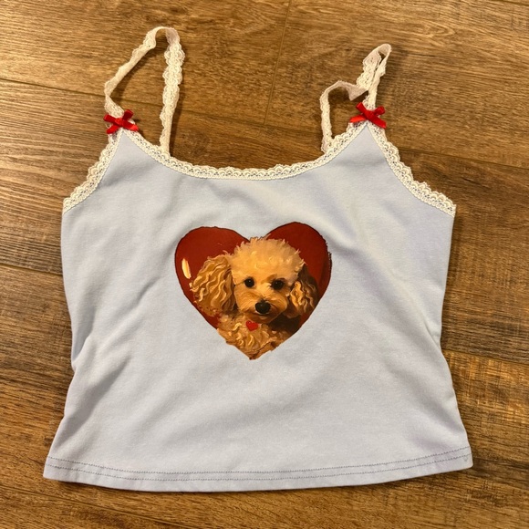 Cider Tops - I HEART TOY POODLES I love Dogs Crop Top Cami Coquette Ribbon Bows Lace Blue S
